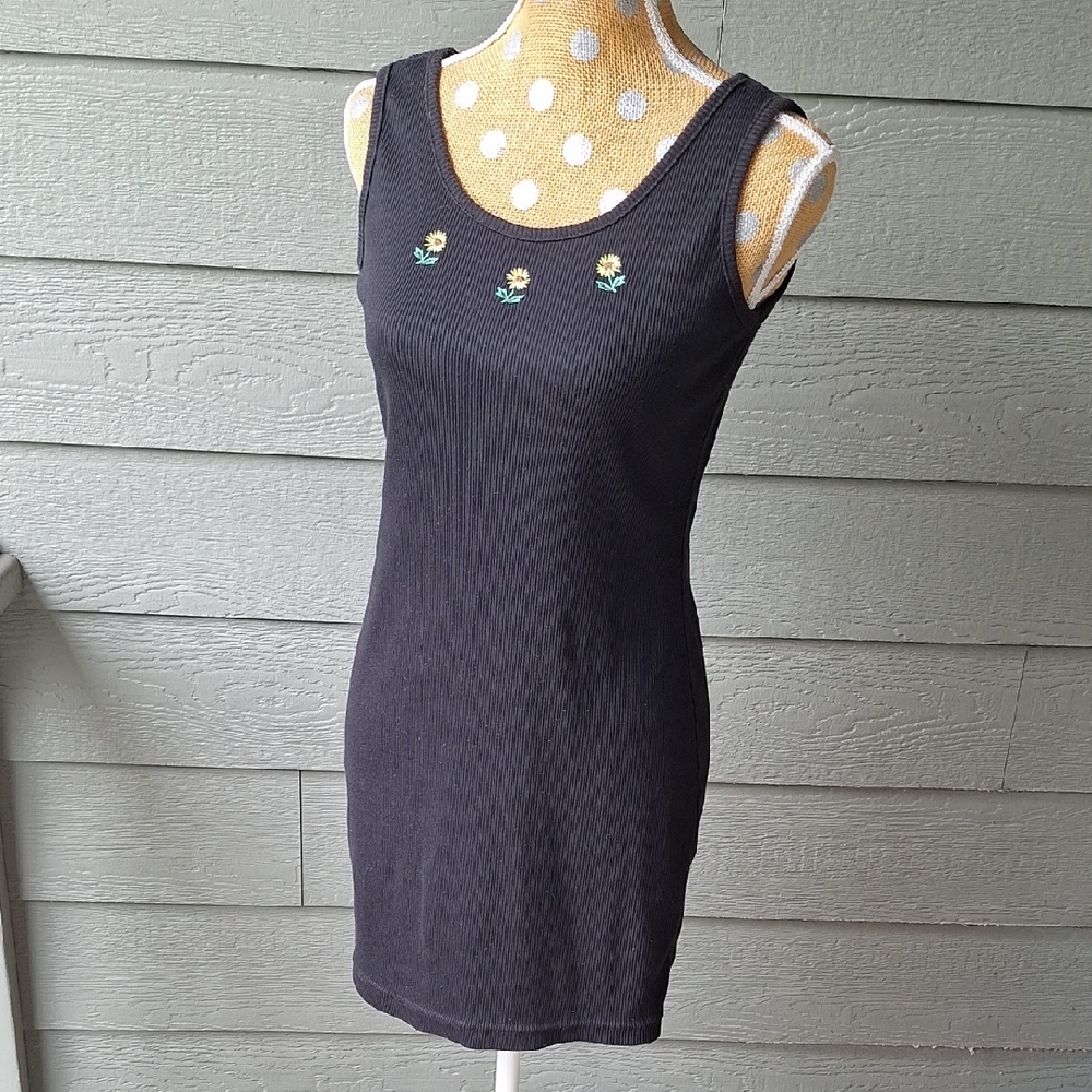 Vintage 90s Currants Sleeveless Ribbed Tank Dress Womens Sz S Sunflowers